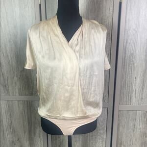 PAIGE Dijon Short Sleeve Faux Wrap  Front Ecru Bodysuit Women's M